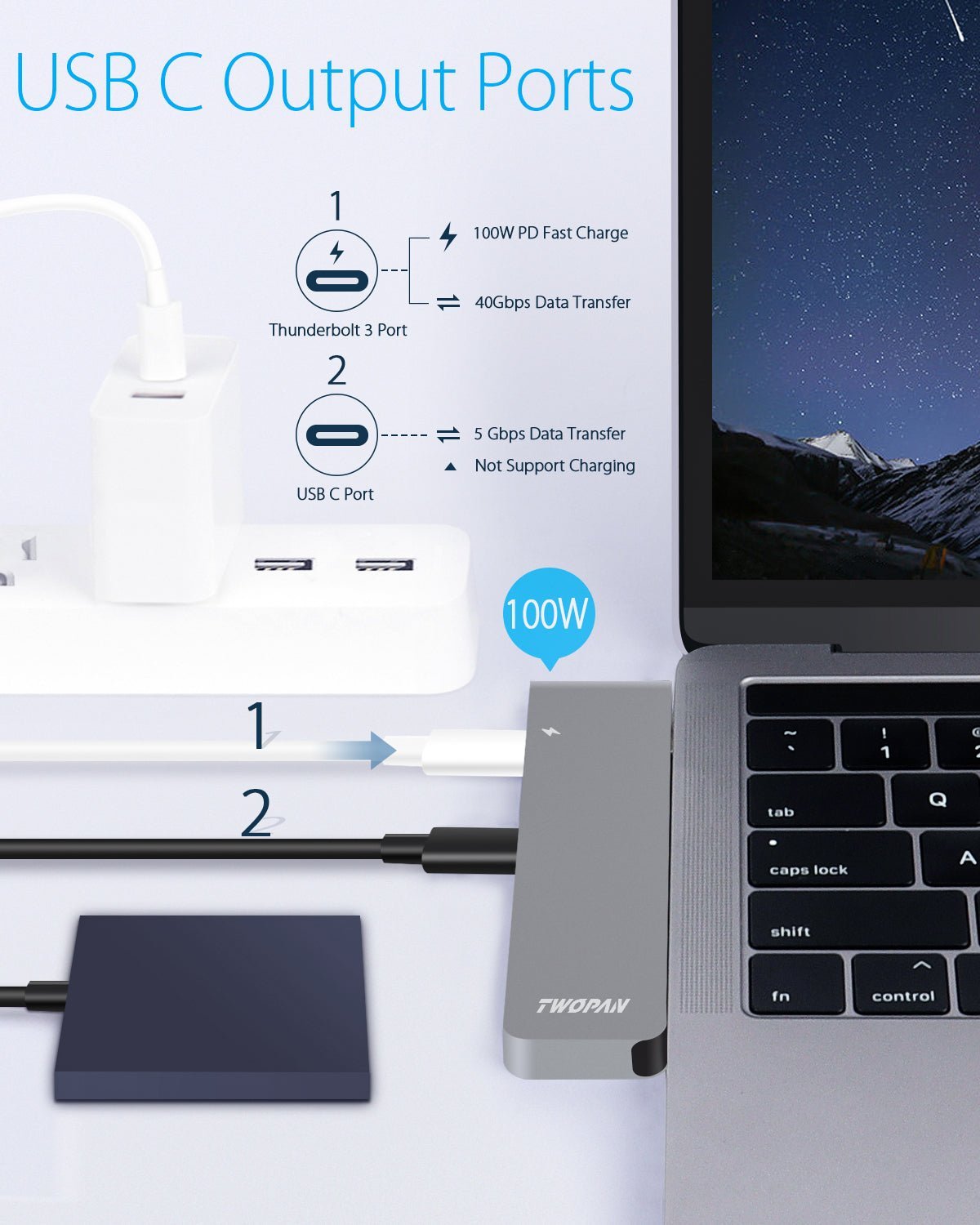 Twopan 7 - in - 2 USB - C Hub for MacBook Pro & Air 4K HDMI PD Charging, USB 3.0, SD/TF Card Reader - Twopan SSD