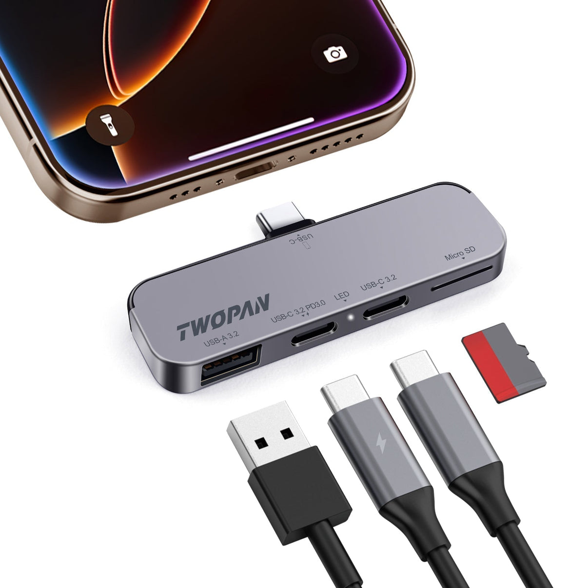 Twopan 4 - in - 1 USB - C Hub for iPhone 16 15 Aluminum Case with Dual USB - C, Micro SD & USB - A Ports - Twopan SSD