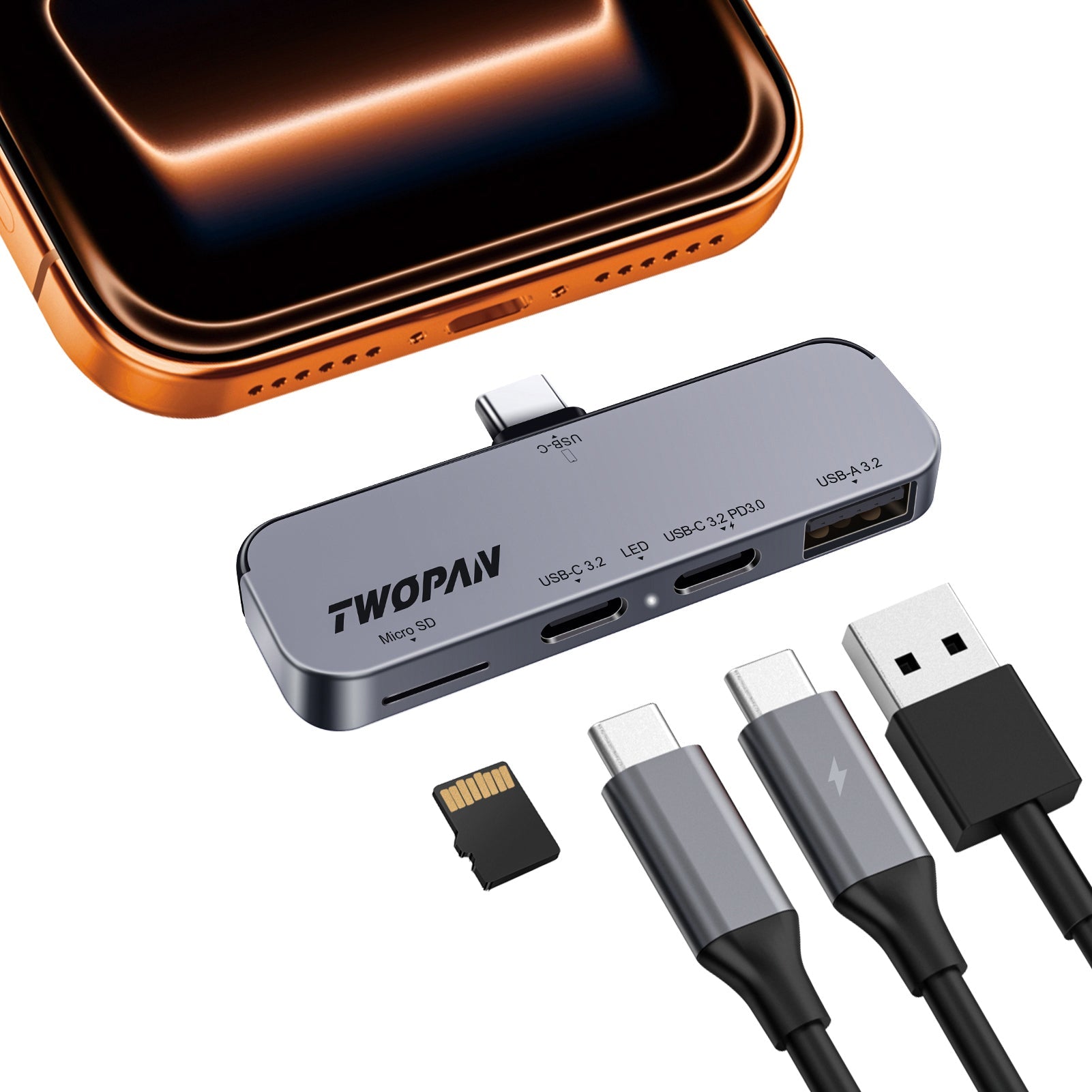 Twopan 4-in-1 USB-C Hub for iPhone 17, 16, 15 with Dual USB-C
