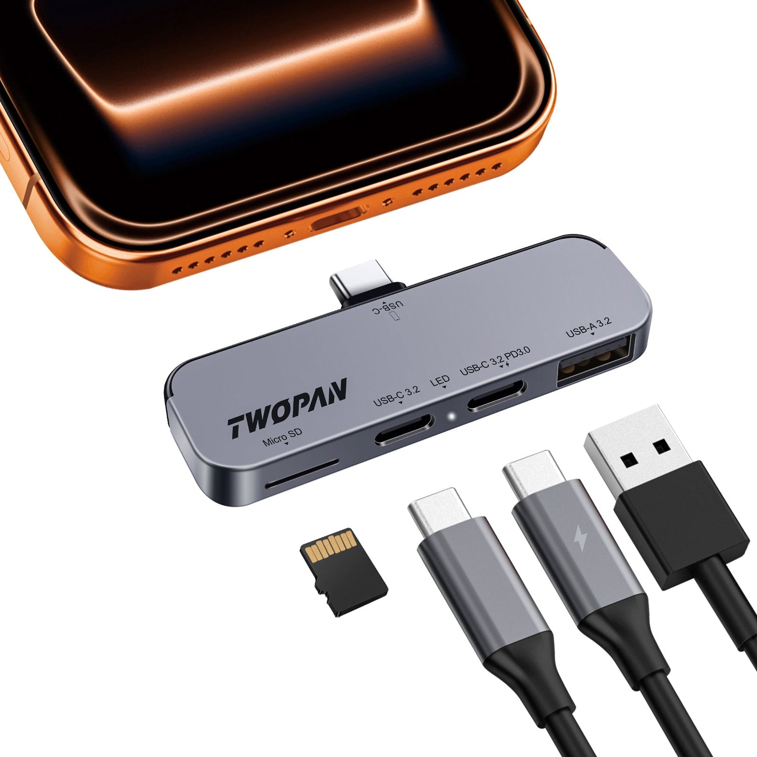 Twopan 4 - in - 1 USB - C Hub for iPhone 17, 16, 15 with Dual USB - C, Micro SD & USB - A Ports - Twopan SSD