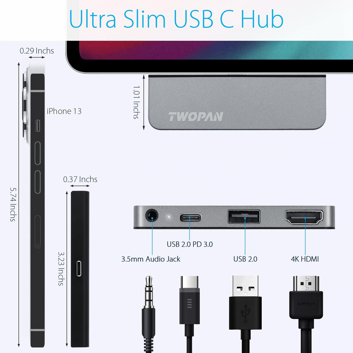 Twopan 4 - in - 1 USB - C Hub with 4K HDMI, USB - C PD Charging & 3.5mm Audio Jack – Compatible for iPad Pro 2021 M1 (12.9"), iMac 24", MacBook Pro 14"/16" M2 Pro/Max - Twopan SSD