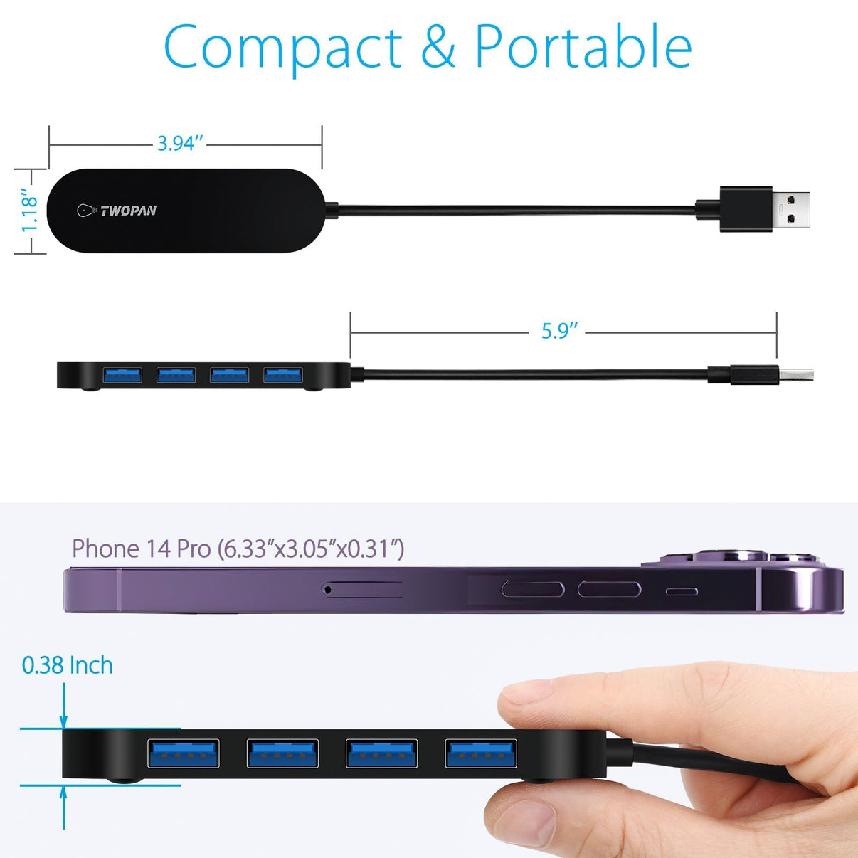 Twopan 4 - Port USB 3.0 Hub – Ultra - Slim Multiport Adapter for Laptop, Desktop, Mac, Surface Pro, XPS - Twopan SSD