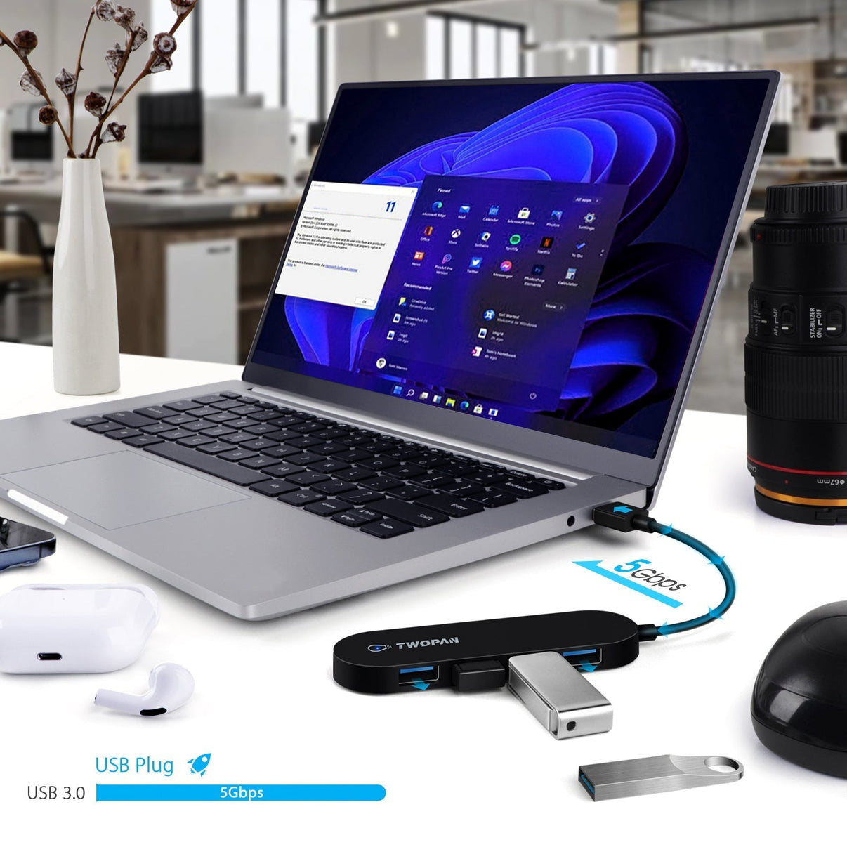 Twopan 4 - Port USB 3.0 Hub – Ultra - Slim Multiport Adapter for Laptop, Desktop, Mac, Surface Pro, XPS - Twopan SSD