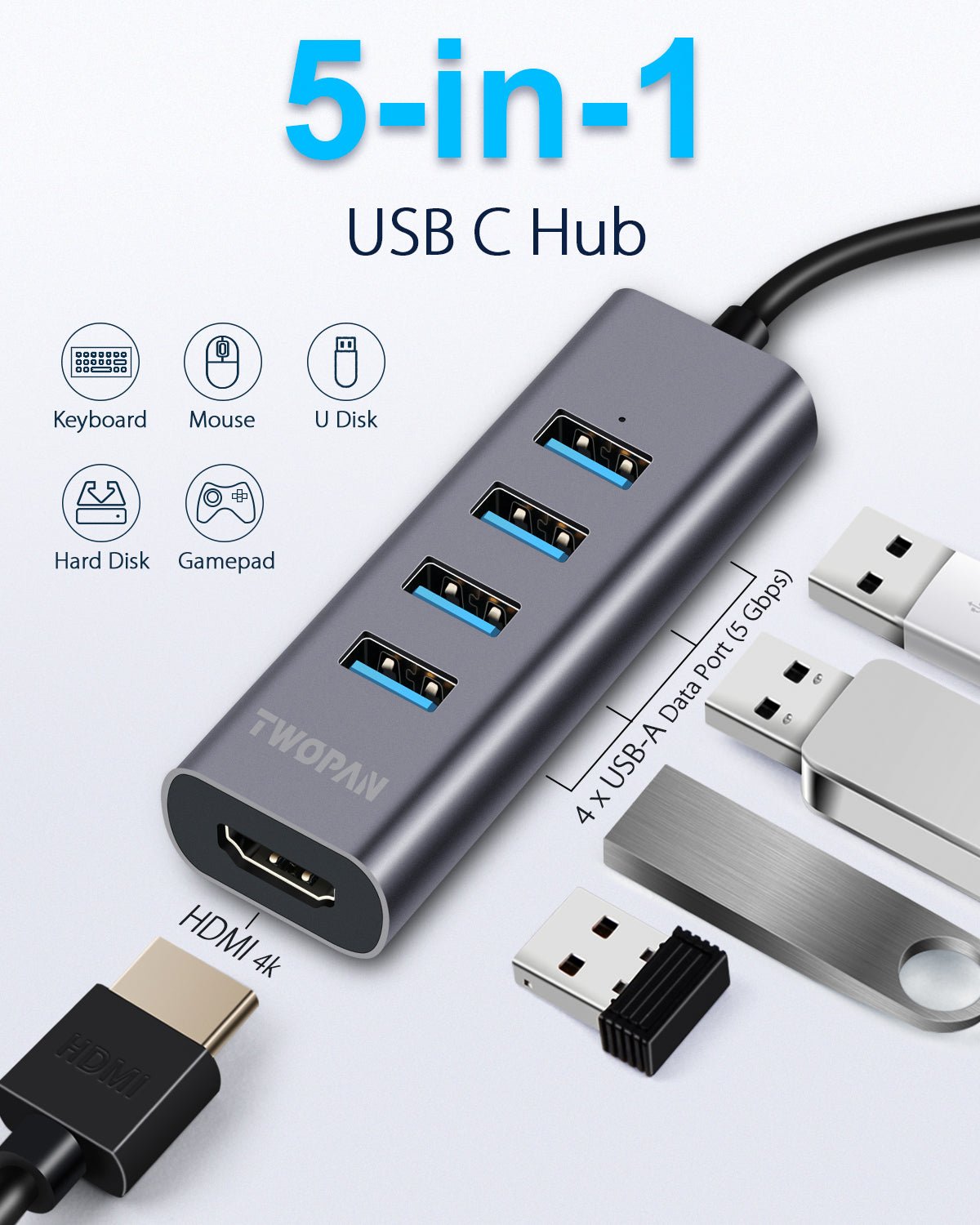 Twopan 5 - in - 1 USB - C Hub with 4K HDMI & 4 USB 3.0 Ports for Laptop, MacBook Pro/Air, iMac, iPad, Pixelbook, ThinkPad, XPS & USB - C Devices - Twopan SSD