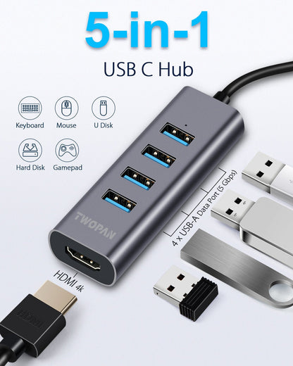 Twopan 5 - in - 1 USB - C Hub with 4K HDMI & 4 USB 3.0 Ports for Laptop, MacBook Pro/Air, iMac, iPad, Pixelbook, ThinkPad, XPS & USB - C Devices - Twopan SSD