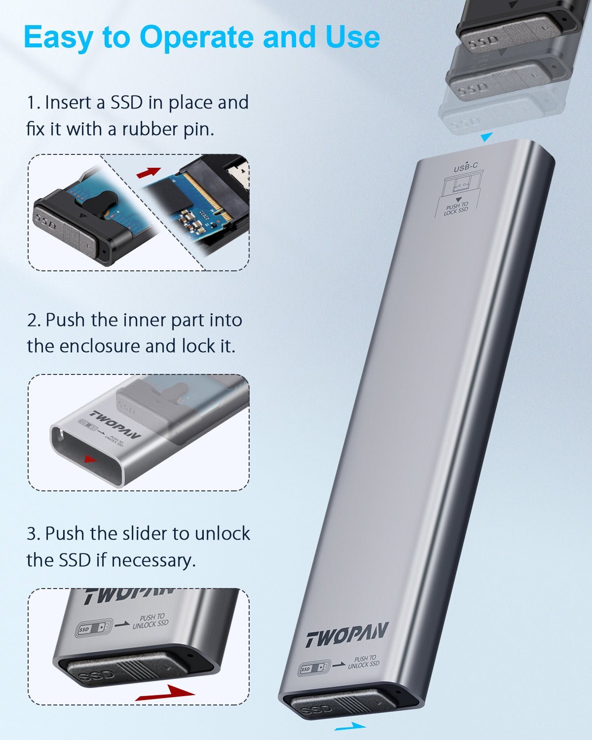 Twopan Aluminum M.2 NVMe & SATA SSD Enclosure Tool - Free USB 3.2 Gen 2 (10Gbps) for 2230/2242/2260/2280, Compatible with iPhone 16/15, MacBook, iMac & More - Twopan SSD