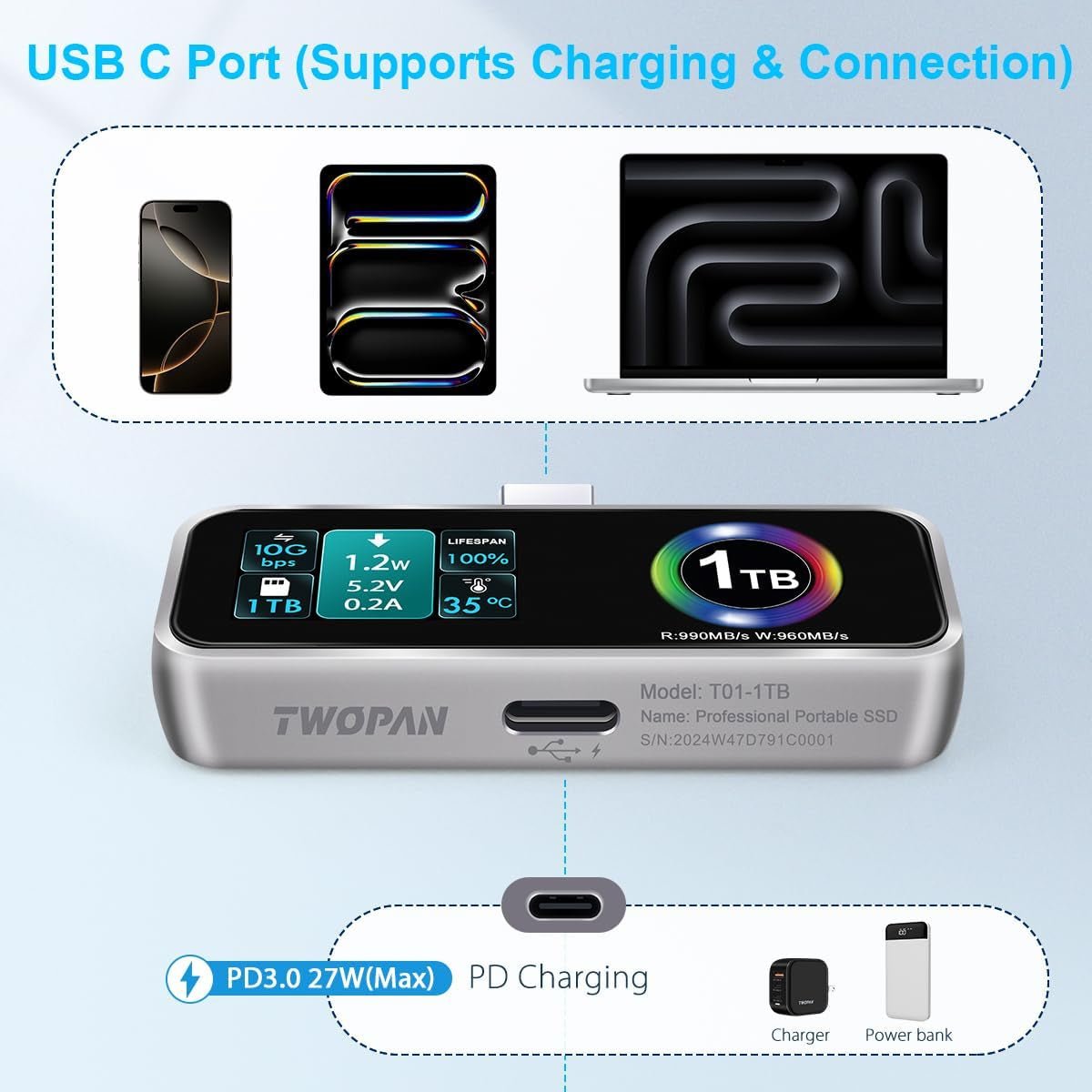 Twopan Portable SSD 2TB with LCD Display Cooling Fan Charging Port Supporting Apple 4K ProRes - Twopan SSD