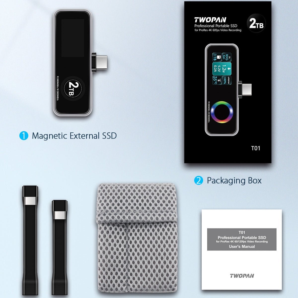 Twopan Portable SSD 2TB with LCD Display Cooling Fan Charging Port Supporting Apple 4K ProRes - Twopan SSD