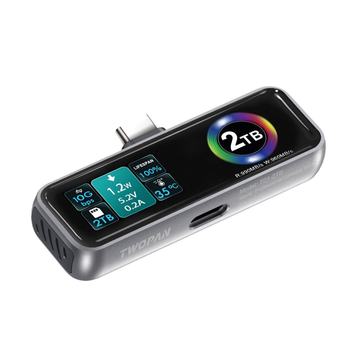 Twopan Portable SSD 2TB with LCD Display Cooling Fan Charging Port Supporting Apple 4K ProRes - Twopan SSD