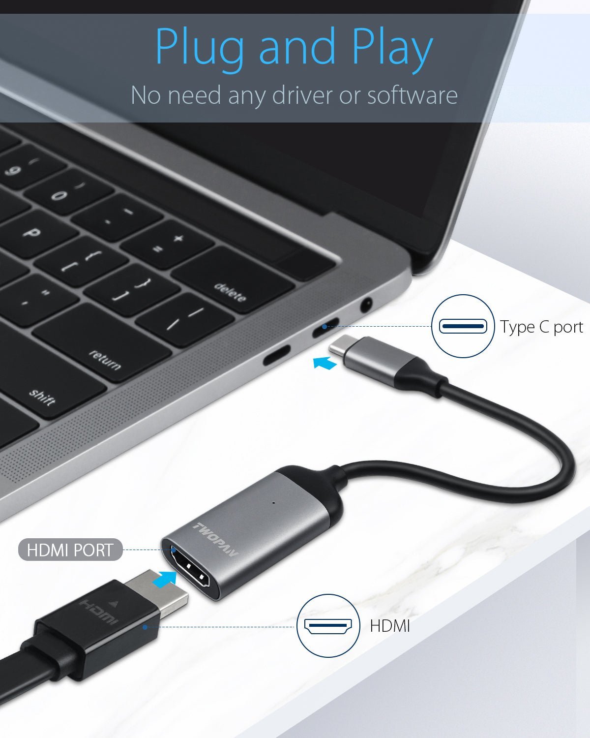Twopan USB - C to HDMI Adapter 4K 60Hz – High - Resolution USB Type - C to HDMI Cable for MacBook Pro/Air, iMac, iPad Pro, XPS, Yoga, EliteBook, Chromebook, Galaxy & More - Twopan SSD